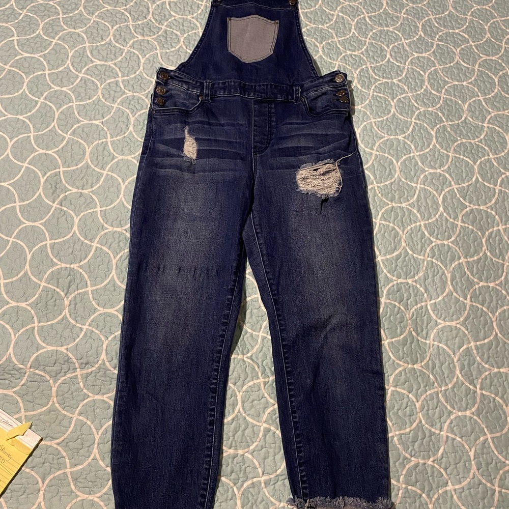 Dark Blue Distressed Denim Overalls